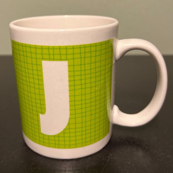 Letter "J " Initial or Monogram Ceramic Mug  w/ Neon Green Tile Pattern - Picture 2 of 5